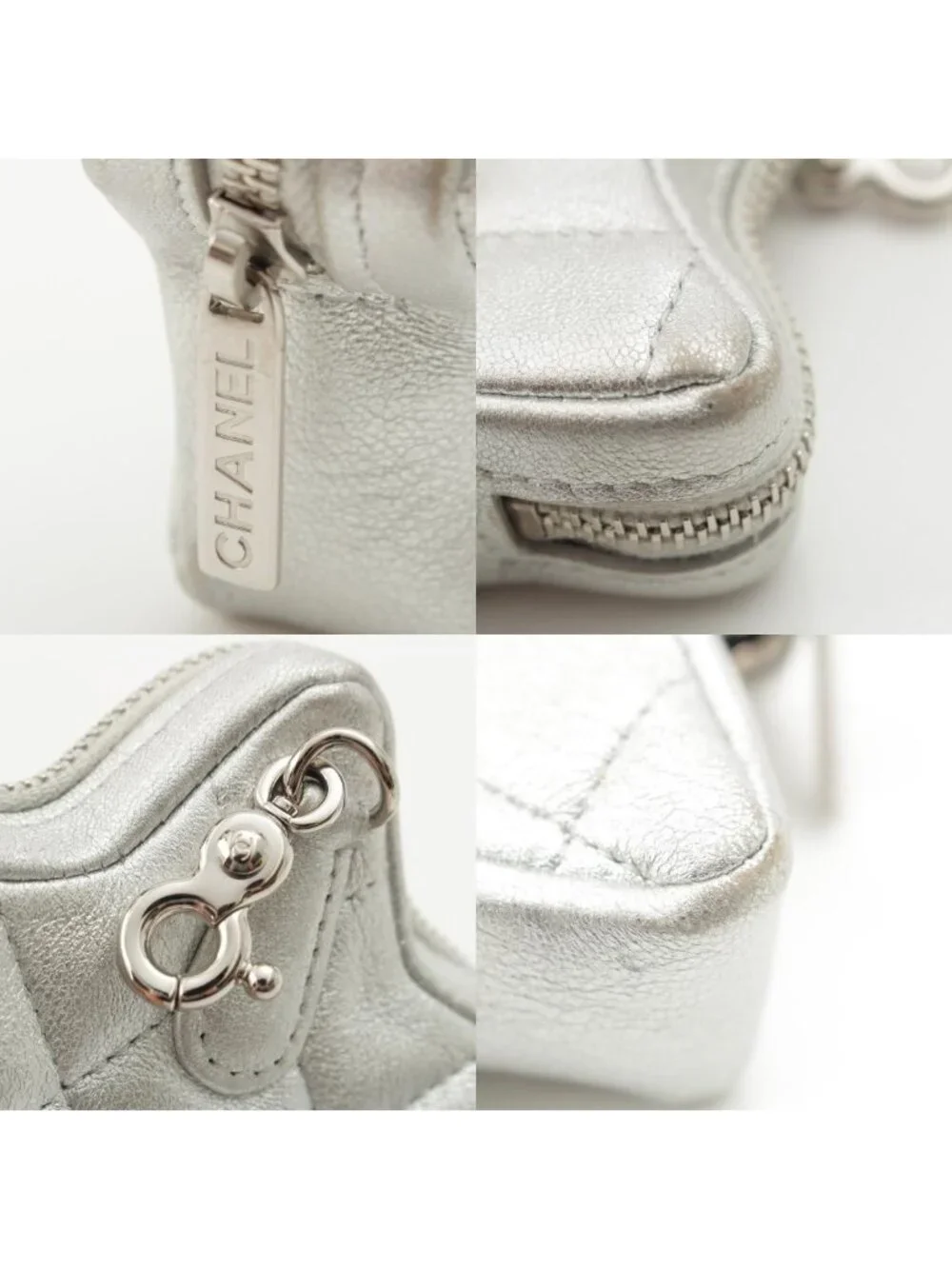 Chanel Lambskin CC Logo Quilted Star Coin Purse Pouch Silver
